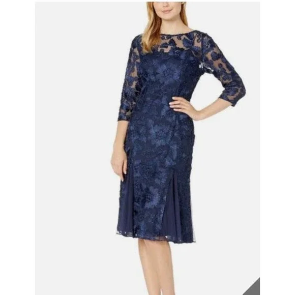 Alex Evenings | Dresses | Alex Evenings Embroidered Flared 34 Sleeve Dress  Layered 8 Blue Boho Formal | Poshmark